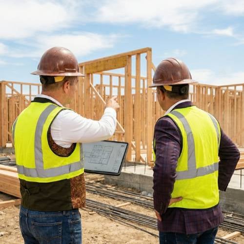 Construction team reviewing framing progress on a residential build site in Pasadena.