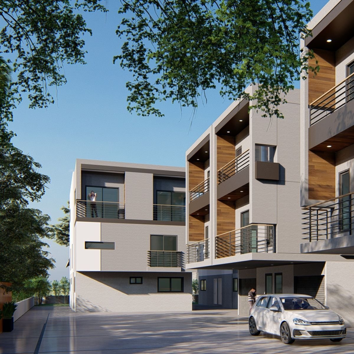 3D architectural rendering of a modern multi-story residential building designed by ATP Development & Construction featuring wood accent panels, private balconies, and covered parking in Los Angeles