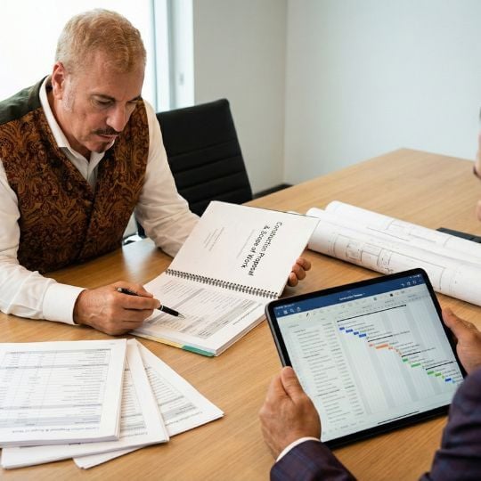 Architect reviewing residential construction plans and architectural drawings during project planning phase in Pasadena.