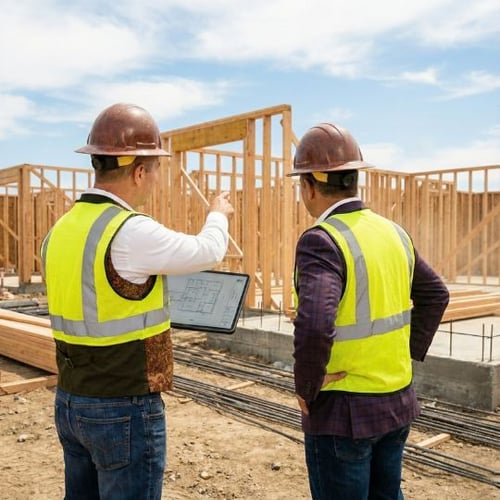 ATP team reviewing construction plans on a residential rebuild site