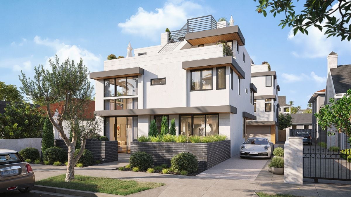 Luxury contemporary multi-unit residential building with modern architecture and clean lines