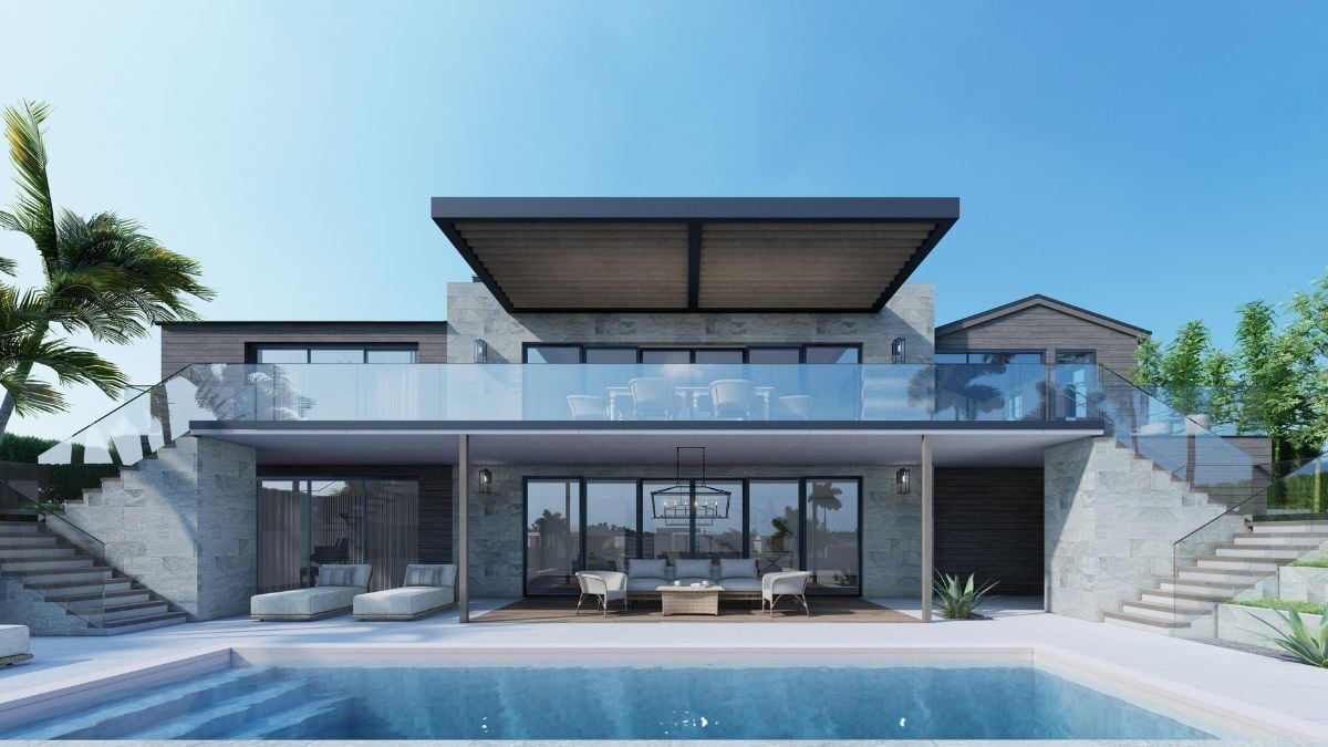 Luxury modern two-story home with pool, large glass walls, and rooftop terrace, contemporary California residential architecture