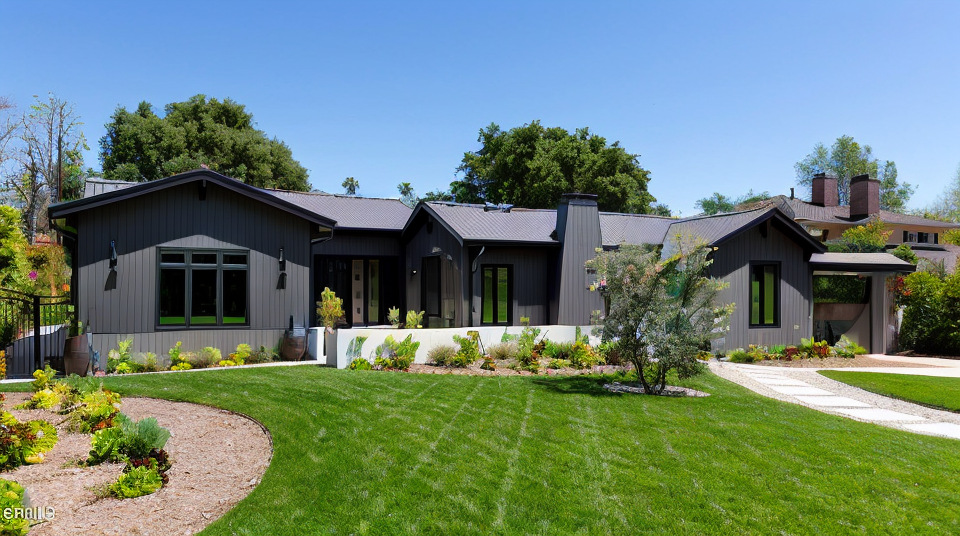 Modern ranch-style home with dark exterior, large windows, and landscaped front yard.