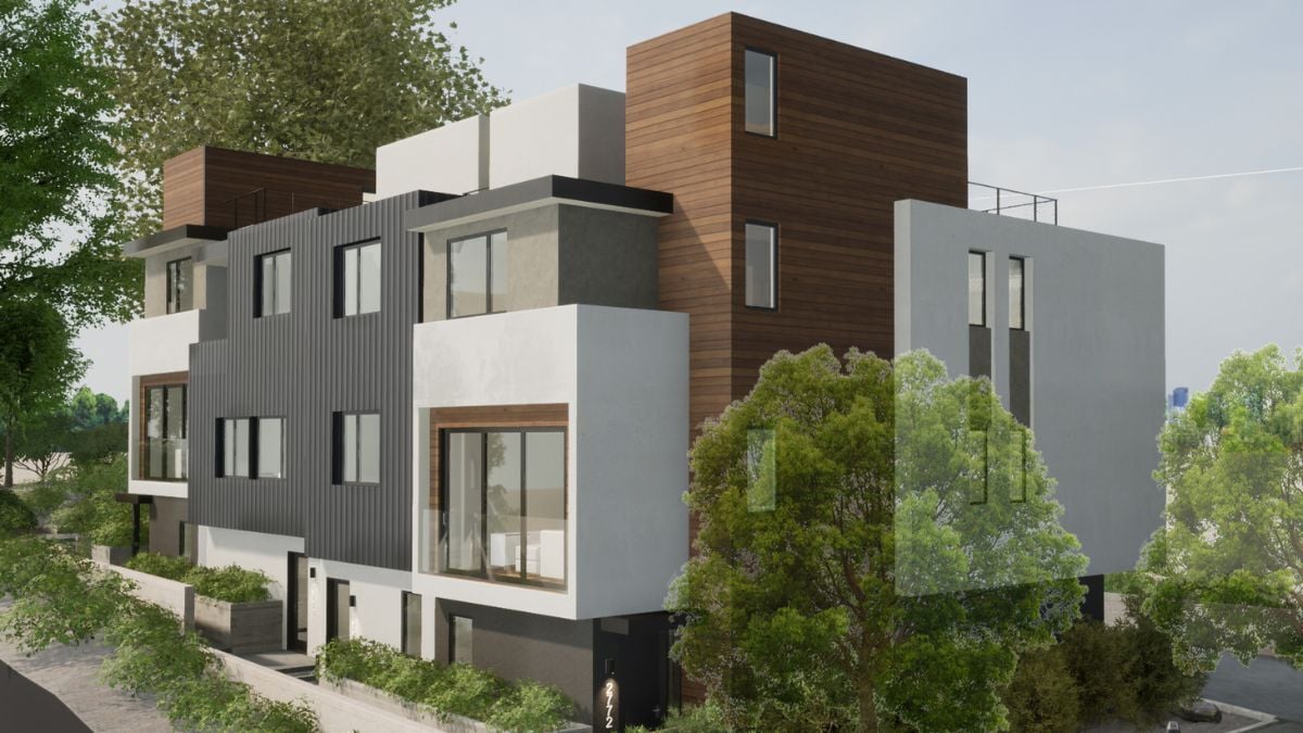 Modern contemporary multifamily residential building with mixed materials and urban architectural design