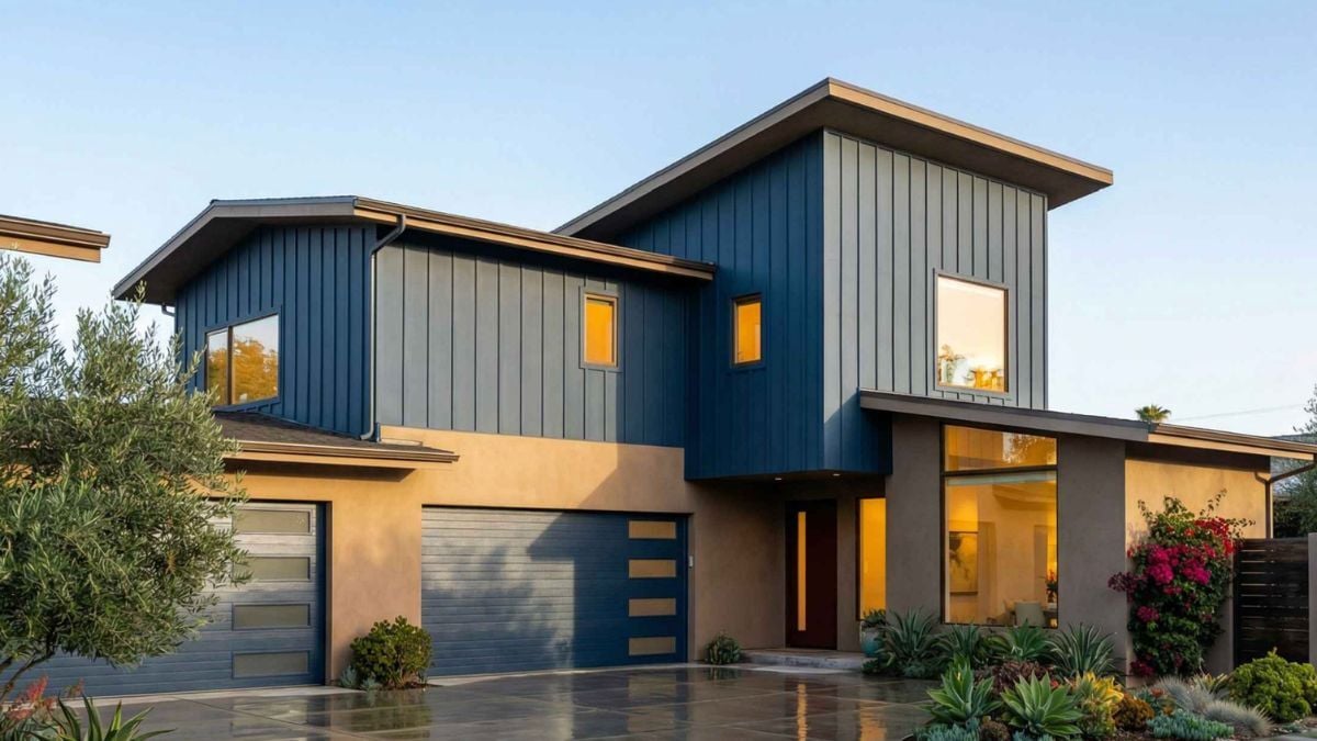 Modern contemporary two-story home with metal siding, large windows, and minimalist architecture