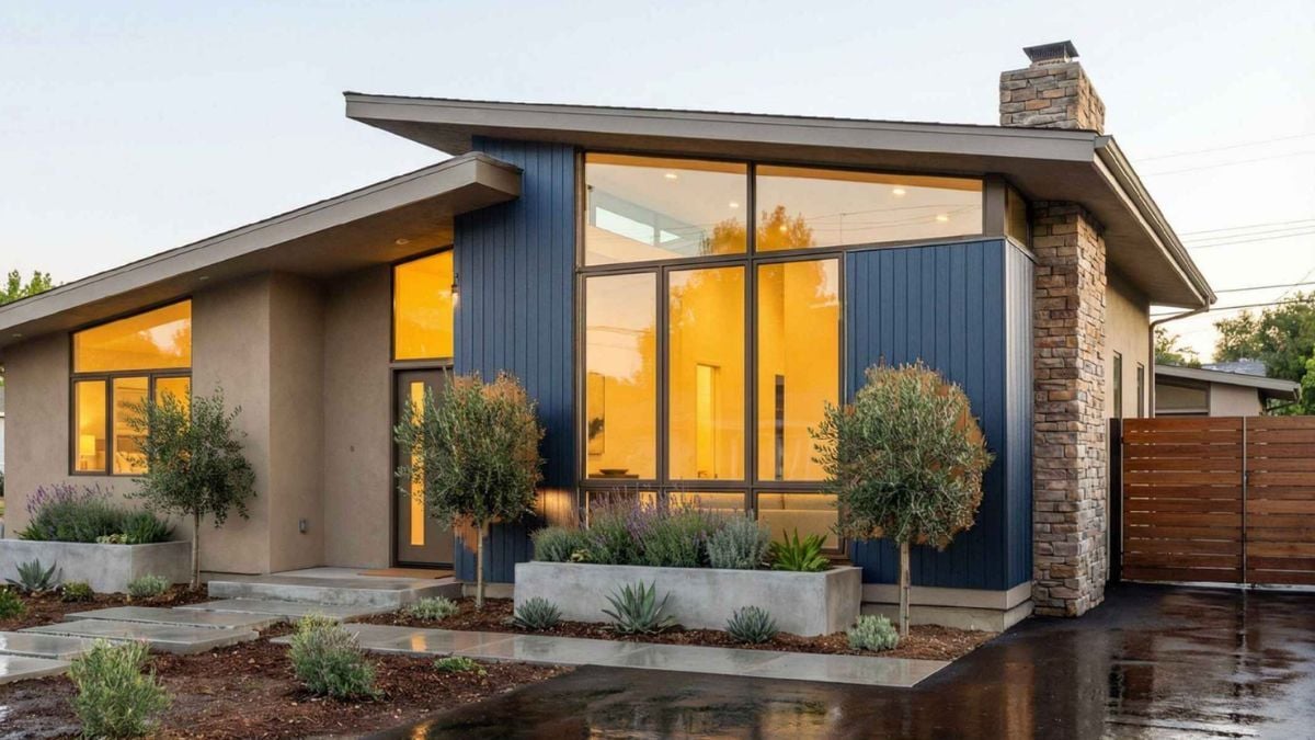 Modern single-story home with blue vertical siding, large floor-to-ceiling windows, and landscaped front yard.