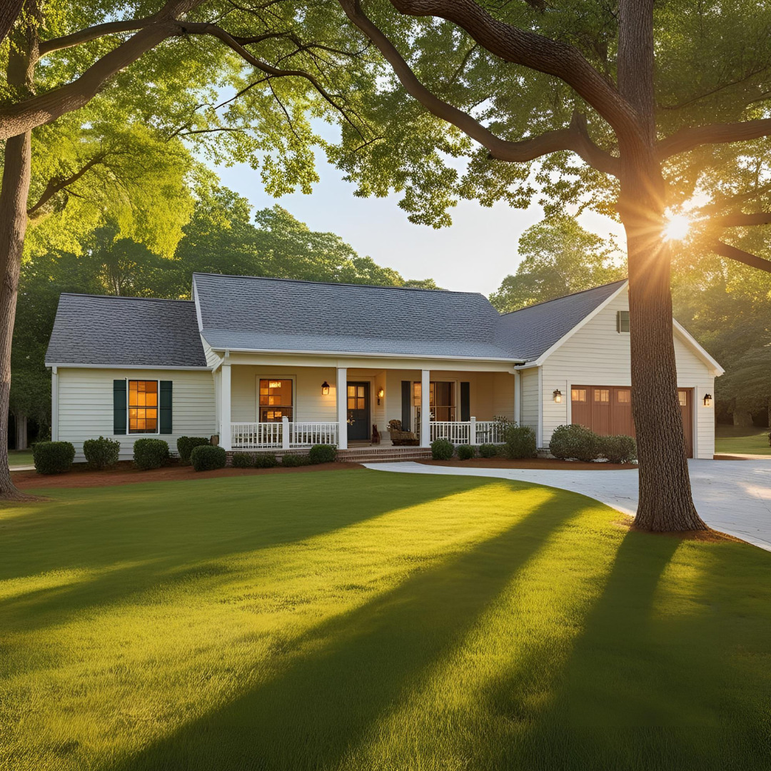 Large single-story home with wide front lawn and mature oak tree.