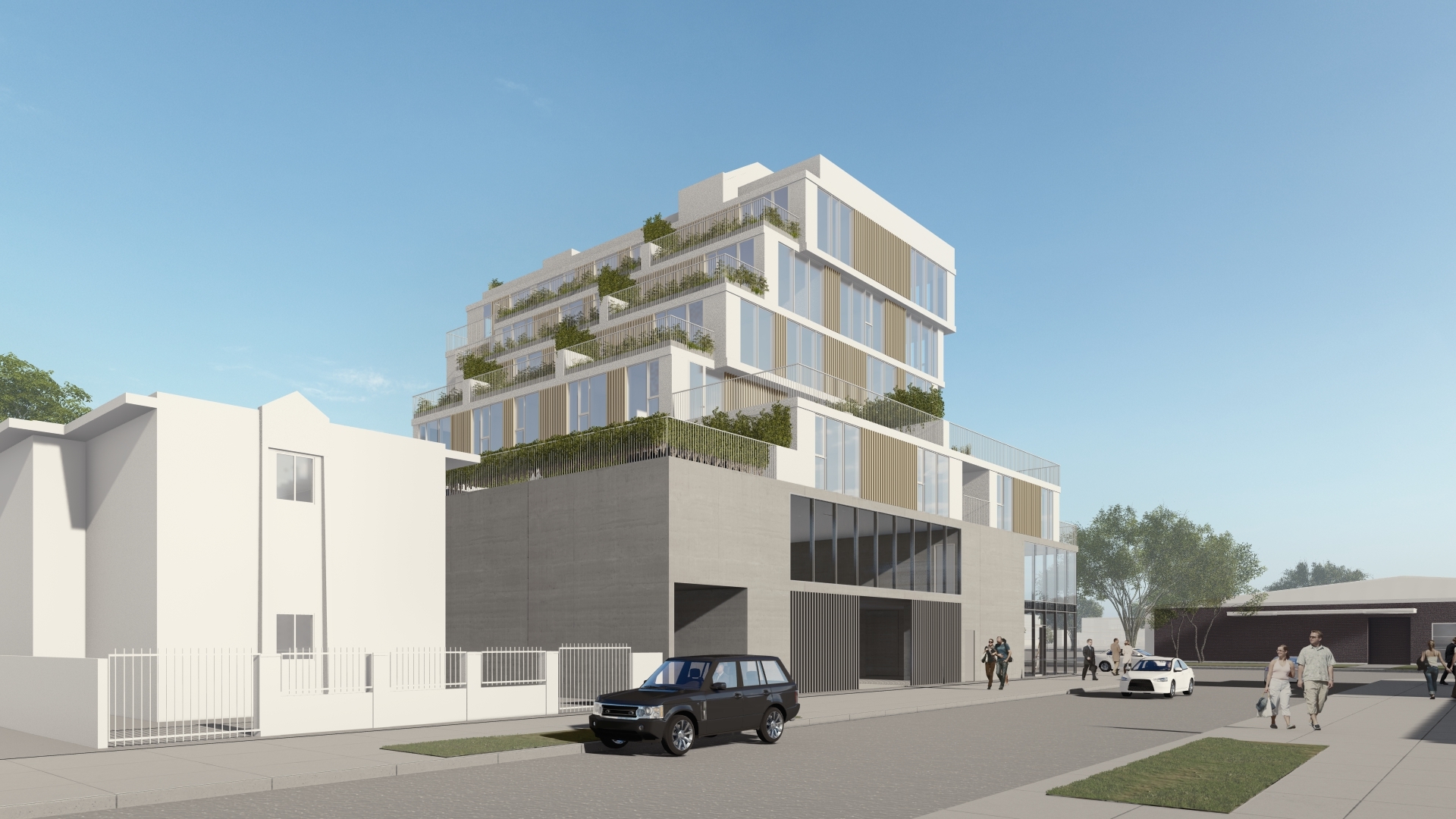 Architectural rendering of modern mixed-use building with stacked geometric design.