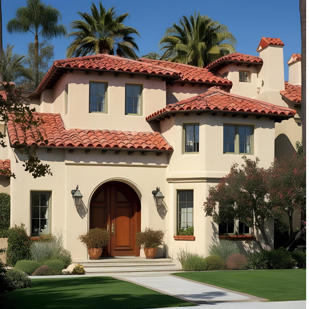 Spanish-style two-story home with red tile roof and arched entryway.