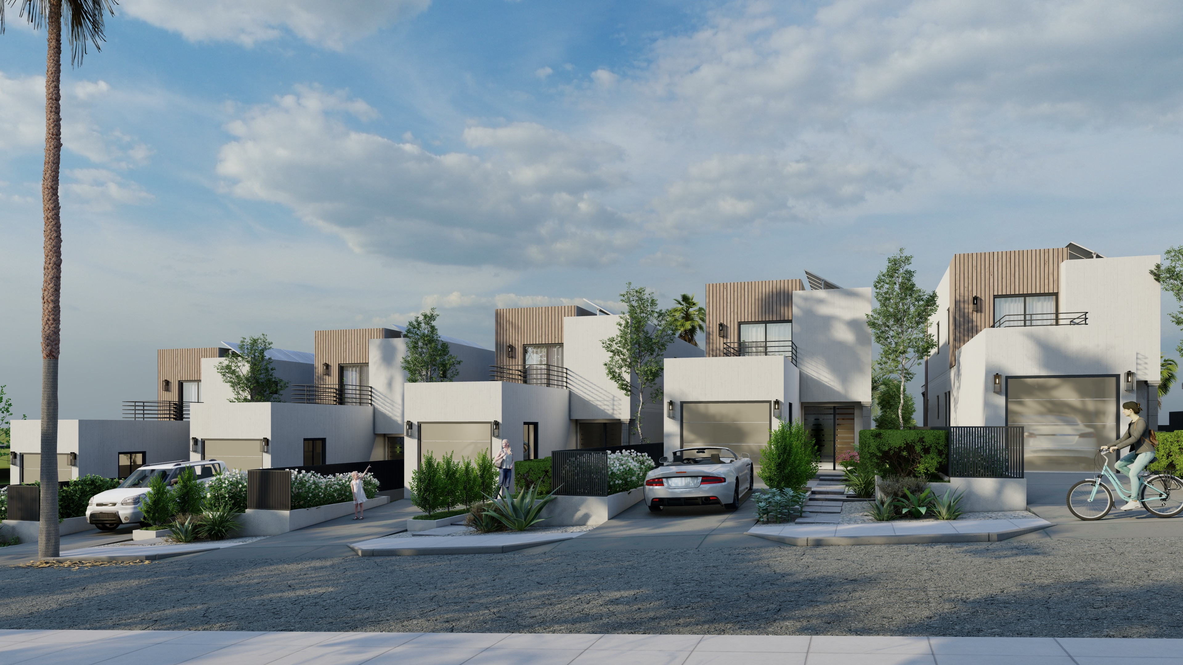 Architectural rendering of modern townhouse development with shared driveway.