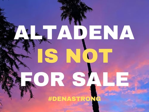 Graphic with the text ‘Altadena Is Not For Sale’ against a sunset sky with palm trees. Graphic with the text ‘Altadena Is Not For Sale’ against a sunset sky with palm trees.