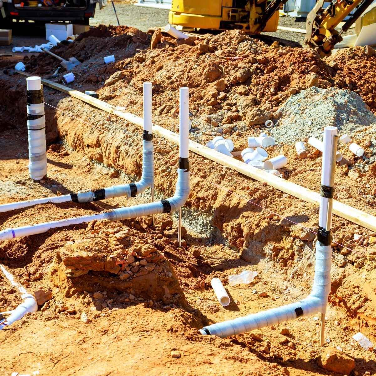Underground PVC plumbing rough-in installation on an active construction site representing the mechanical electrical and plumbing coordination services offered by ATP Development & Construction